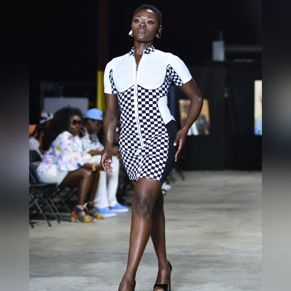 Checkered Black and White Zip-Up Dress